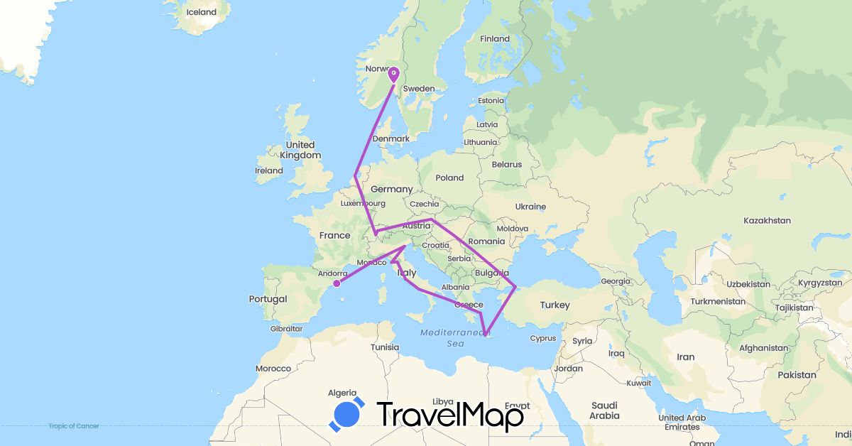 TravelMap itinerary: driving, train in Austria, Switzerland, Spain, Greece, Italy, Monaco, Netherlands, Norway, Turkey (Asia, Europe)